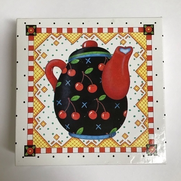 Mary Engelbreit Teapot Coasters Cork Back 4” Square Box SET OF 6 Vintage Cottage - Picture 16 of 16